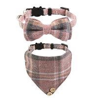 HKM-1034301 Plaid Bow Cat Collar with Bell - Adjustable Fabric and Triangular Scarf, Multiple Color Options