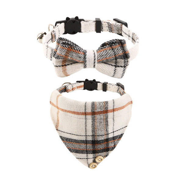 HKM-1034301 Plaid Bow Cat Collar with Bell - Adjustable Fabric and Triangular Scarf, Multiple Color Options