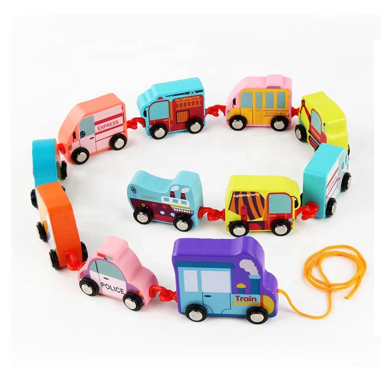 HKM-103507 Wooden Pull Line Train Toy Cars Set for Kids, 20-Piece Educational Construction Toy, Ages 2-7