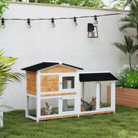 HKM-1035965 Wooden Rabbit Hutch for Small Animals with Run Area, Removable Tray, Lockable Doors, and Asphalt Roof