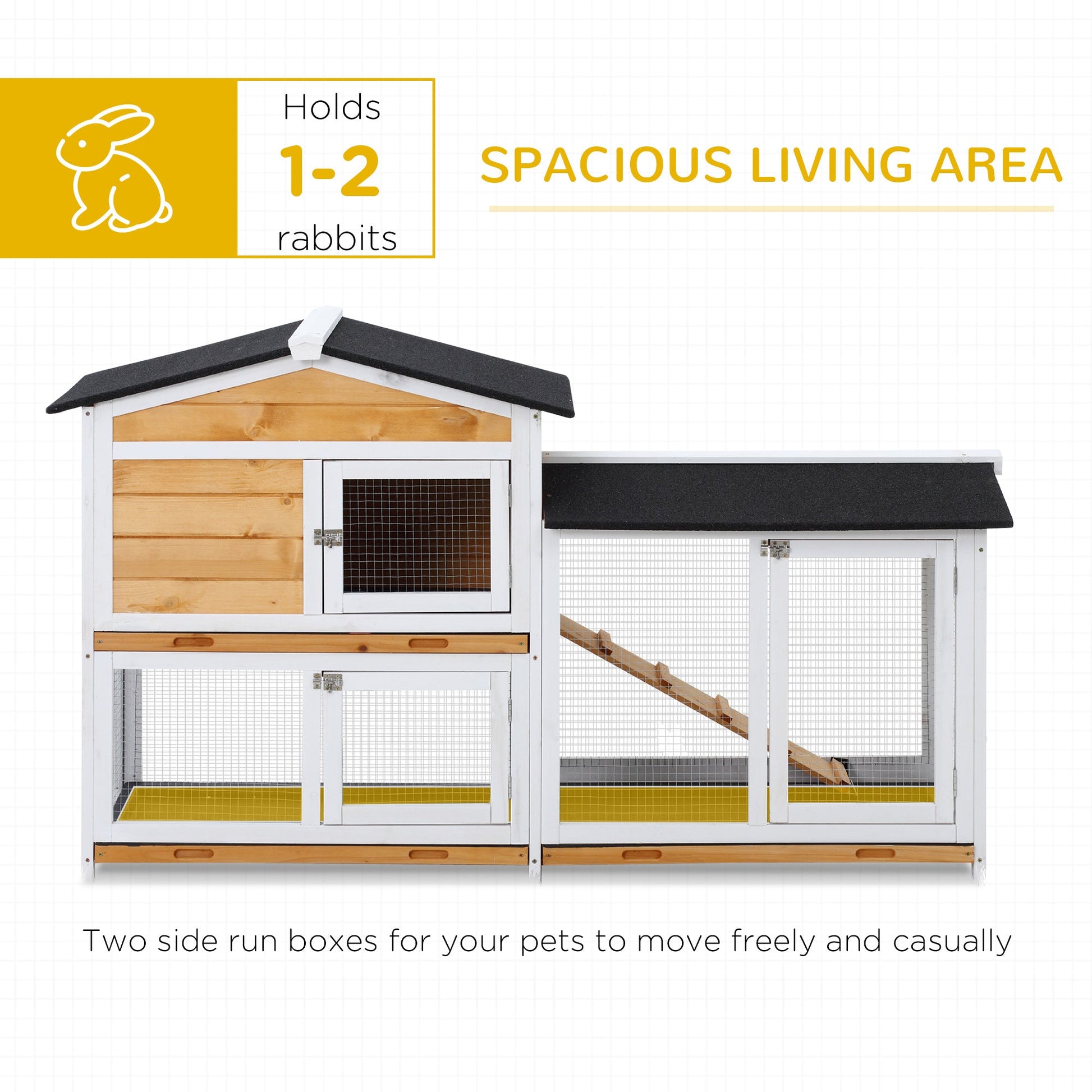 HKM-1035965 Wooden Rabbit Hutch for Small Animals with Run Area, Removable Tray, Lockable Doors, and Asphalt Roof