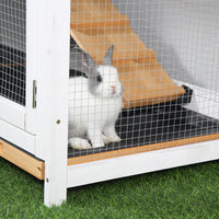 HKM-1035965 Wooden Rabbit Hutch for Small Animals with Run Area, Removable Tray, Lockable Doors, and Asphalt Roof