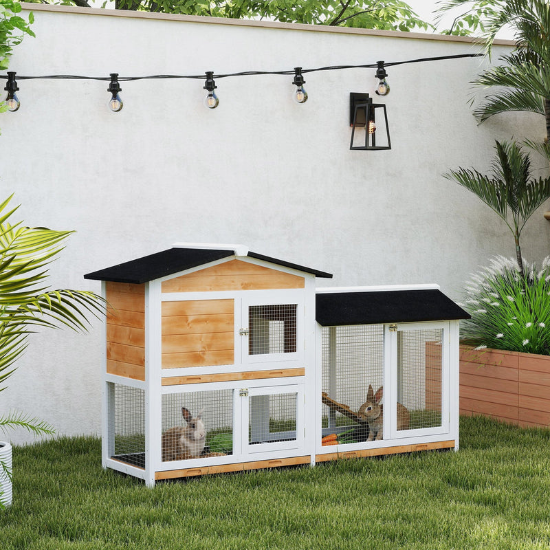 HKM-1035965 Wooden Rabbit Hutch for Small Animals with Run Area, Removable Tray, Lockable Doors, and Asphalt Roof