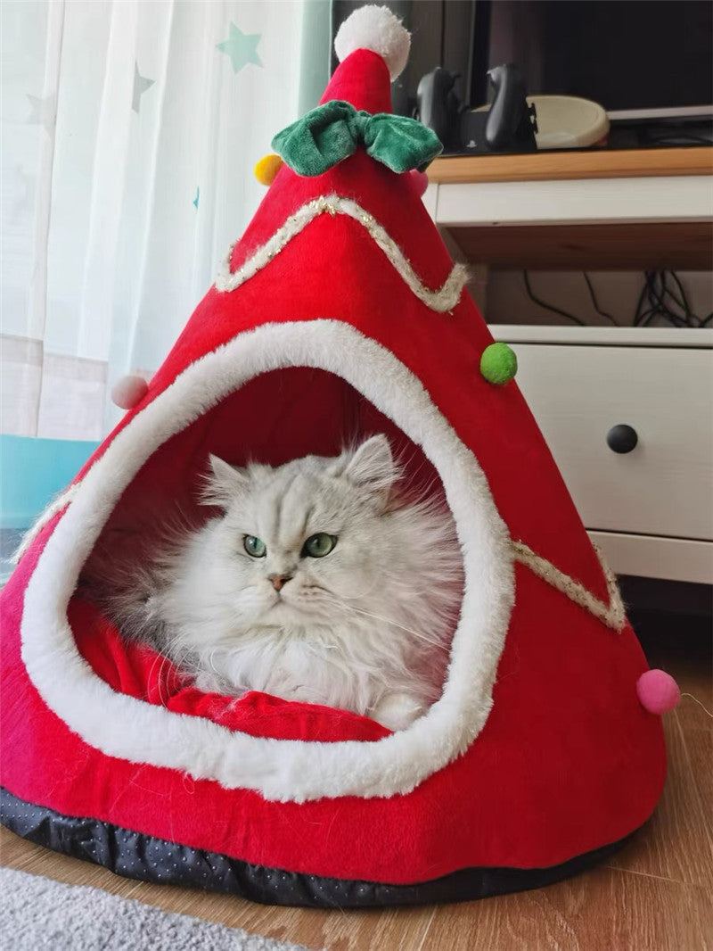 HKM-1036349 Cozy Christmas Tree Pet Cave Bed for Dogs and Cats with Removable Cushion