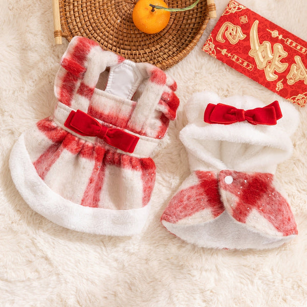 HKM-1036861 Festive Red & White Plaid Pet Dress and Hoodie Set for Small Dogs and Cats