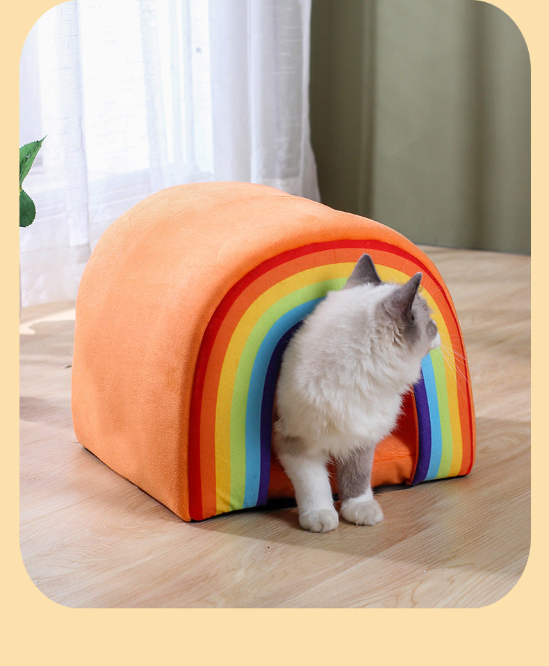 HKM-1038141 Universal Closed Cat Nest for All Seasons - Cozy Rainbow Design, 34x34x30cm Pet Bed