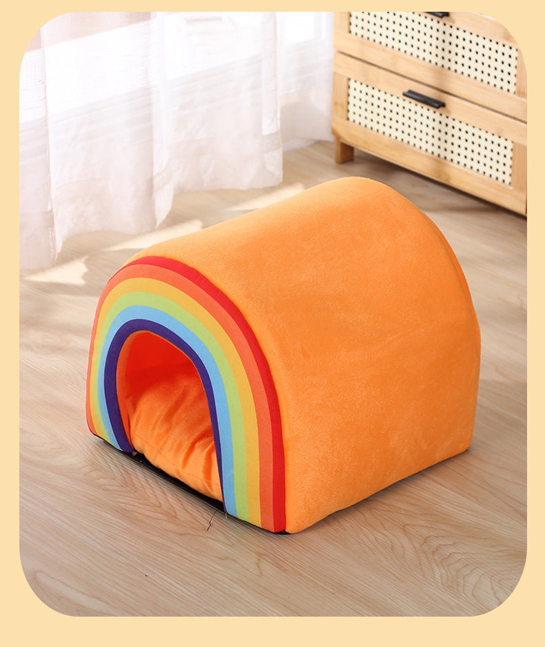 HKM-1038141 Universal Closed Cat Nest for All Seasons - Cozy Rainbow Design, 34x34x30cm Pet Bed