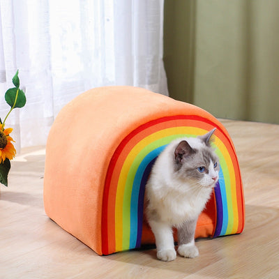 HKM-1038141 Universal Closed Cat Nest for All Seasons - Cozy Rainbow Design, 34x34x30cm Pet Bed