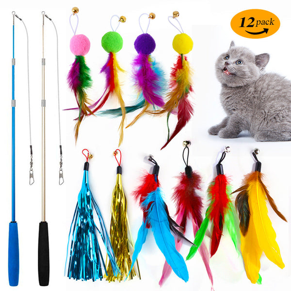 HKM-1038909 Colorful Feather Replacement Head for Cat Toy Fishing Rod - 12 Piece Set