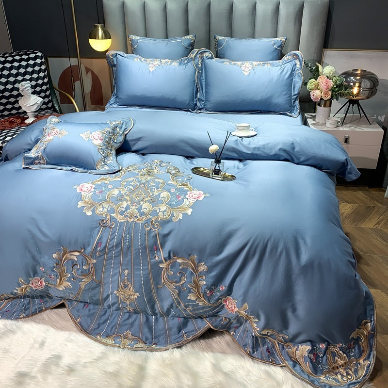 HKM-104019 Four-Piece Embroidered Cotton Bed Linen Set - Fashionable and Simple Design, Available in Blue, Red, Gray, Green, Pink