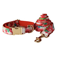 HKM-1040317 Red Floral Print Dog Leash and Collar Set with Bow Tie