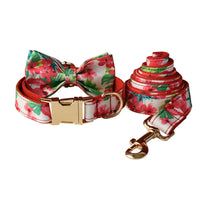 HKM-1040317 Red Floral Print Dog Leash and Collar Set with Bow Tie