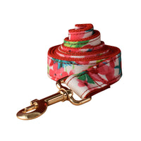 HKM-1040317 Red Floral Print Dog Leash and Collar Set with Bow Tie