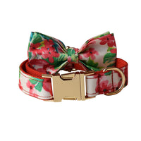 HKM-1040317 Red Floral Print Dog Leash and Collar Set with Bow Tie