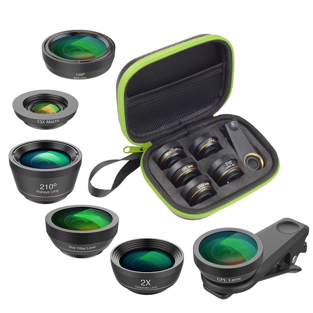 HKM-104083 6 in 1 Universal Mobile Phone Camera Lens Kit with Fisheye, Wide Angle, Macro, Telephoto, CPL, and Star Filters
