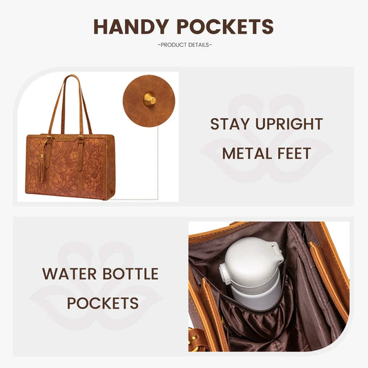 HKM-104403 Vintage PU Leather Laptop Tote for 15.6-17 Inch Laptops with Clutch Purse, Large Capacity Work Bag for Women