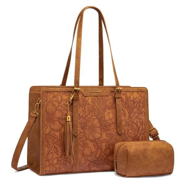 HKM-104403 Vintage PU Leather Laptop Tote for 15.6-17 Inch Laptops with Clutch Purse, Large Capacity Work Bag for Women