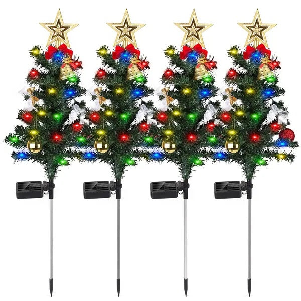 HKM-104659 Solar Christmas Tree Light Decoration Set with Constant and Flashing Modes, Includes 4 Trees, Stakes, and Accessories, IP65 Waterproof for Outdoor Use
