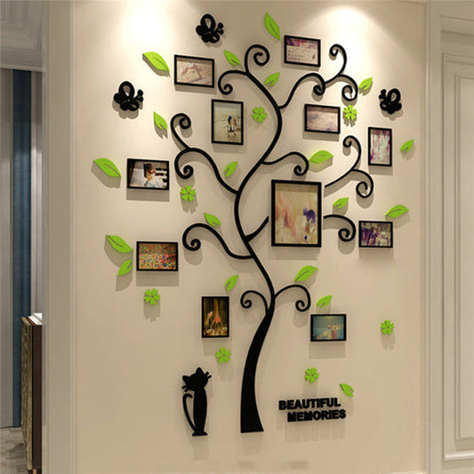 HKM-104787 Family Tree Photo Frame Wall Sticker with 10 4-Inch Frames and 1 6-Inch Frame, Black Acrylic Design, 82.4 x 100 CM