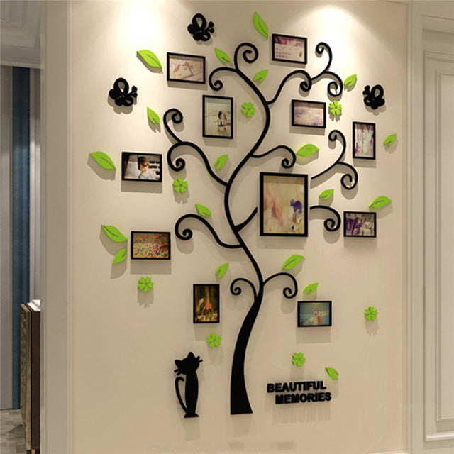 HKM-104787 Family Tree Photo Frame Wall Sticker with 10 4-Inch Frames and 1 6-Inch Frame, Black Acrylic Design, 82.4 x 100 CM