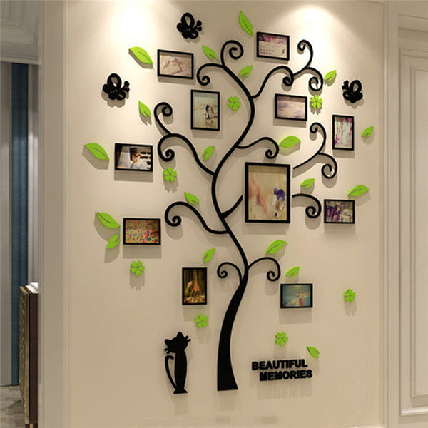 HKM-104787 Family Tree Photo Frame Wall Sticker with 10 4-Inch Frames and 1 6-Inch Frame, Black Acrylic Design, 82.4 x 100 CM