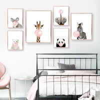 HKM-104851 Elephant Blowing Bubbles Cartoon Style Frameless Canvas Art for Children's Room