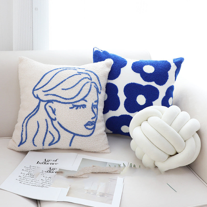 HKM-104915 Embroidered Square Pillow Cover with Blue Flower Pattern