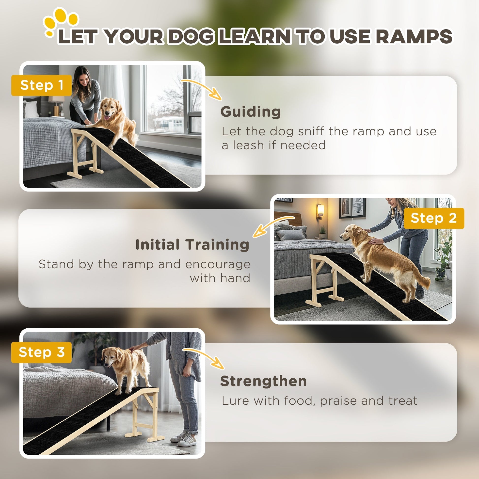 HKM-1055037 Natural Pine Wood Dog Ramp with Non-Slip Carpet Surface for Easy Access to Bed or Couch