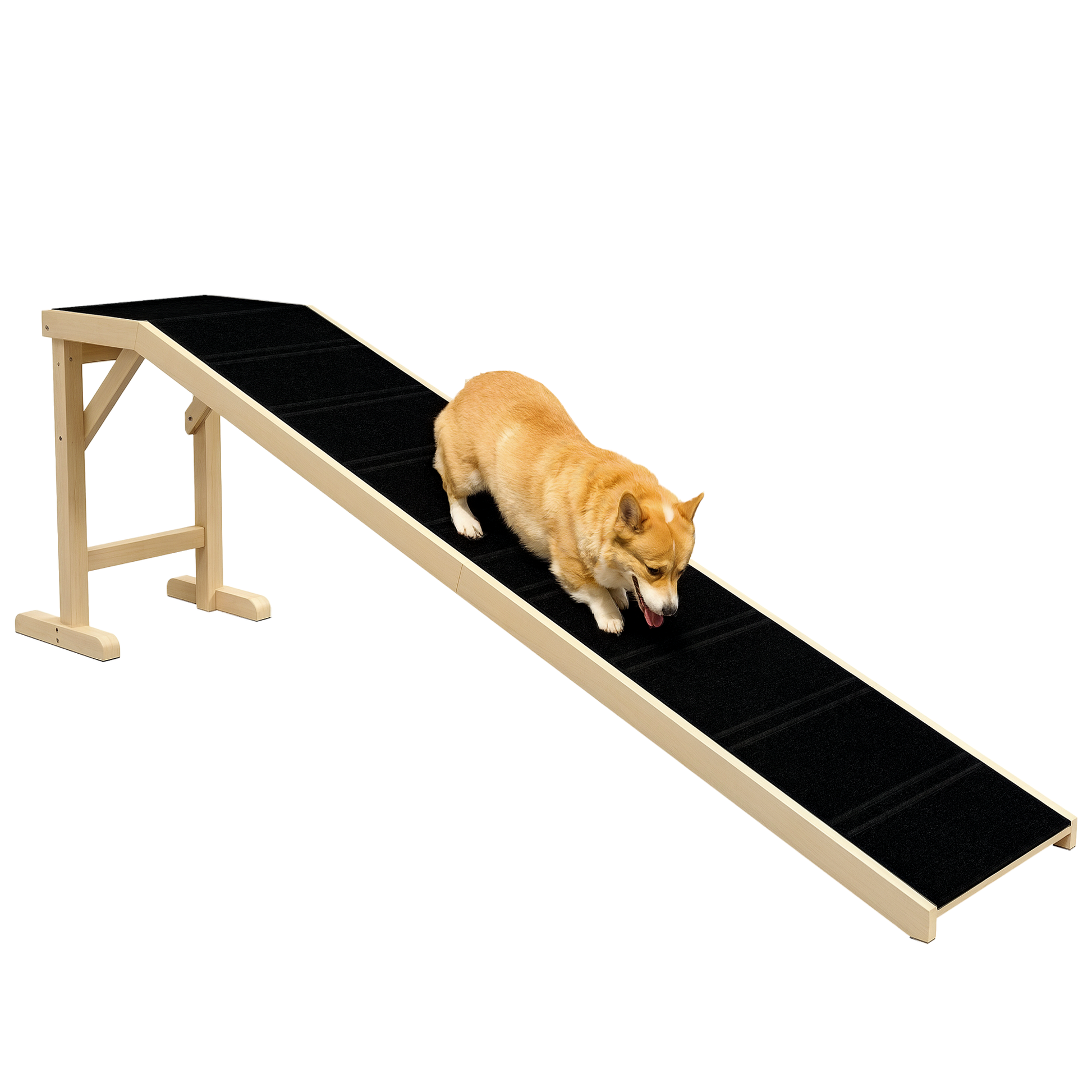 HKM-1055037 Natural Pine Wood Dog Ramp with Non-Slip Carpet Surface for Easy Access to Bed or Couch