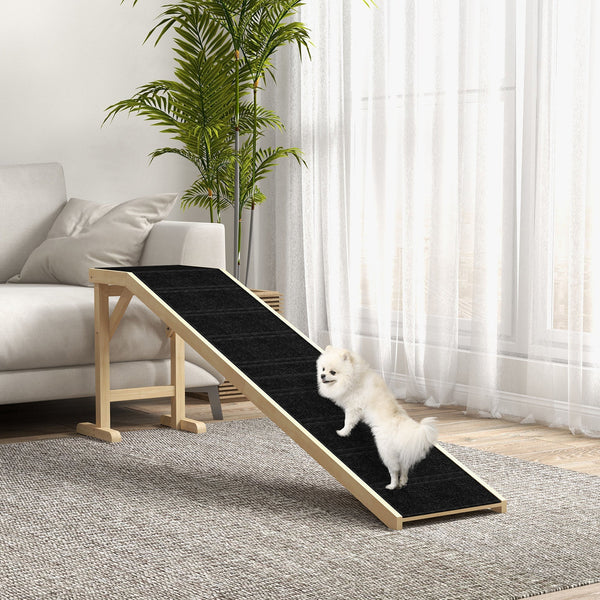 HKM-1055037 Natural Pine Wood Dog Ramp with Non-Slip Carpet Surface for Easy Access to Bed or Couch