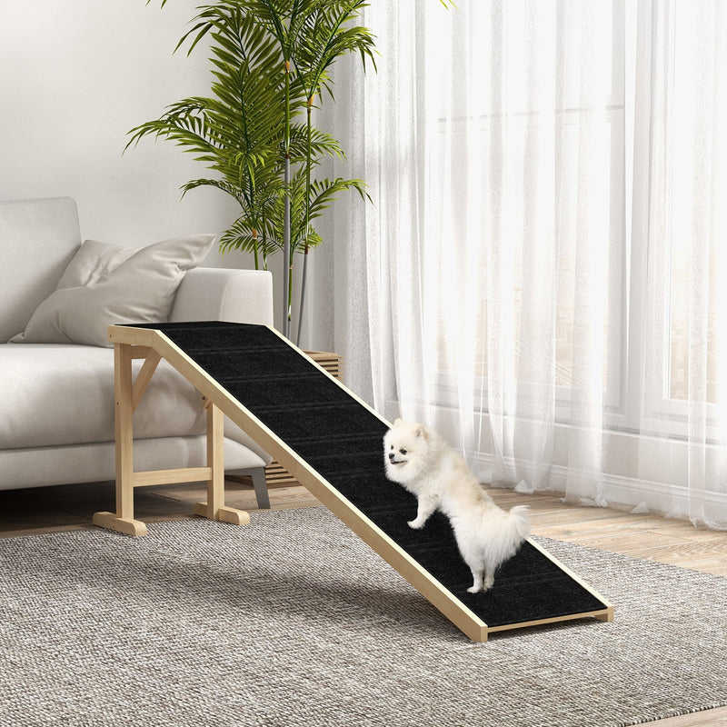HKM-1055037 Natural Pine Wood Dog Ramp with Non-Slip Carpet Surface for Easy Access to Bed or Couch