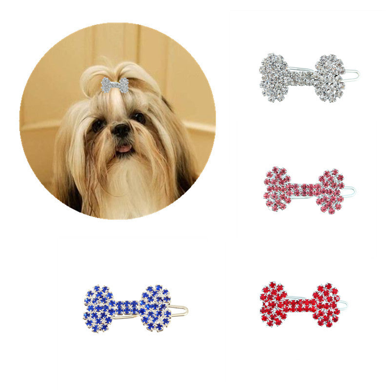 HKM-1055421 Diamond Dog Bone Barrettes for Cats and Dogs in White, Pink, Blue, Red - Stylish Casual Accessory