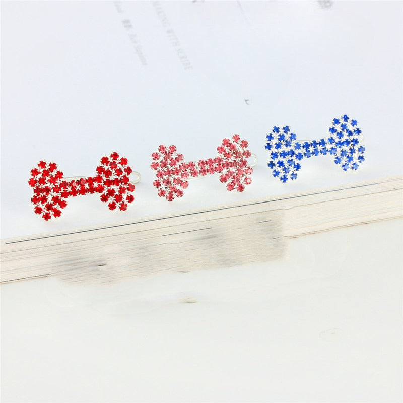 HKM-1055421 Diamond Dog Bone Barrettes for Cats and Dogs in White, Pink, Blue, Red - Stylish Casual Accessory