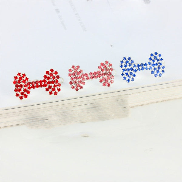 HKM-1055421 Diamond Dog Bone Barrettes for Cats and Dogs in White, Pink, Blue, Red - Stylish Casual Accessory