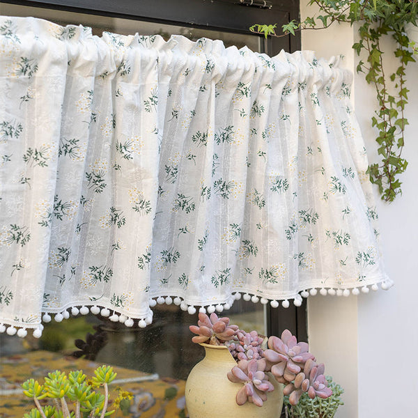 HKM-105555 Lilac and Daisy Tassel Short Kitchen Curtain for Semi-Sunshade Windows