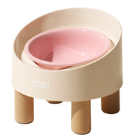 HKM-1059517 High Foot Ceramic Cat Bowl with Oblique Mouth Design and Anti-Tumble Beech Wooden Stand