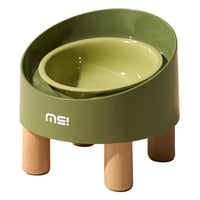 HKM-1059517 High Foot Ceramic Cat Bowl with Oblique Mouth Design and Anti-Tumble Beech Wooden Stand