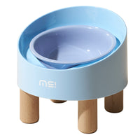 HKM-1059517 High Foot Ceramic Cat Bowl with Oblique Mouth Design and Anti-Tumble Beech Wooden Stand