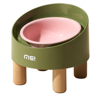 HKM-1059517 High Foot Ceramic Cat Bowl with Oblique Mouth Design and Anti-Tumble Beech Wooden Stand