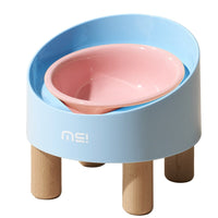 HKM-1059517 High Foot Ceramic Cat Bowl with Oblique Mouth Design and Anti-Tumble Beech Wooden Stand