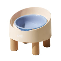HKM-1059517 High Foot Ceramic Cat Bowl with Oblique Mouth Design and Anti-Tumble Beech Wooden Stand