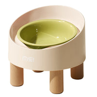 HKM-1059517 High Foot Ceramic Cat Bowl with Oblique Mouth Design and Anti-Tumble Beech Wooden Stand