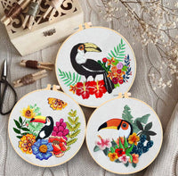 HKM-106003 Creative Three-Dimensional European Embroidery Material Package - Parrot and Flower Designs, Includes 20cm Bamboo Stretched Canvas