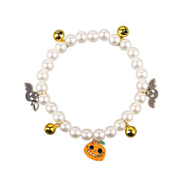 HKM-1061309 Halloween Cat Collar with Simulated Pearl Decoration in Purple Ghost, Skull, and Smile Pumpkin Designs