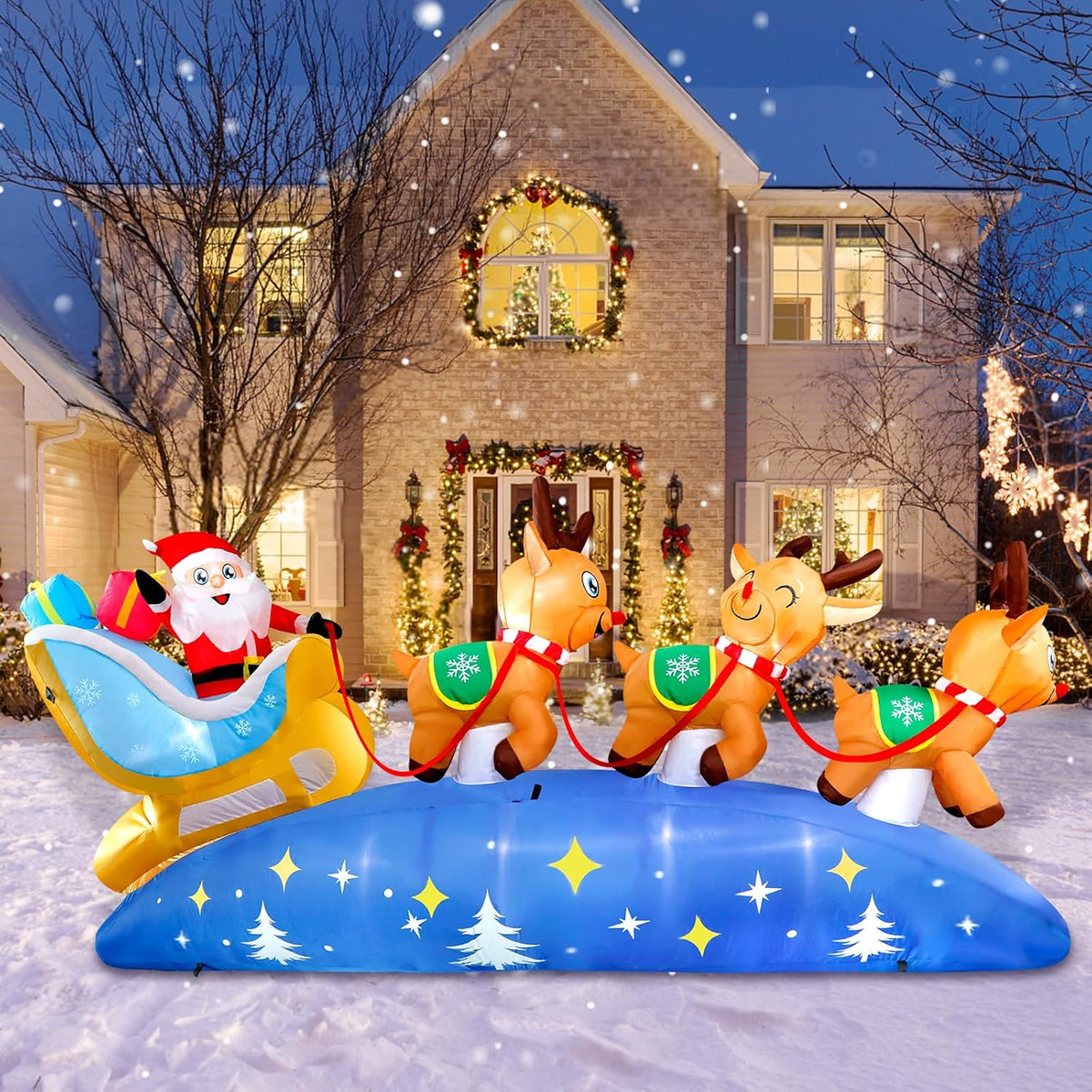 HKM-106195 9.5FT Inflatable Christmas Decorations with LED Lights - Santa Claus and Reindeer Sleigh for Outdoor Holiday Yard Decor