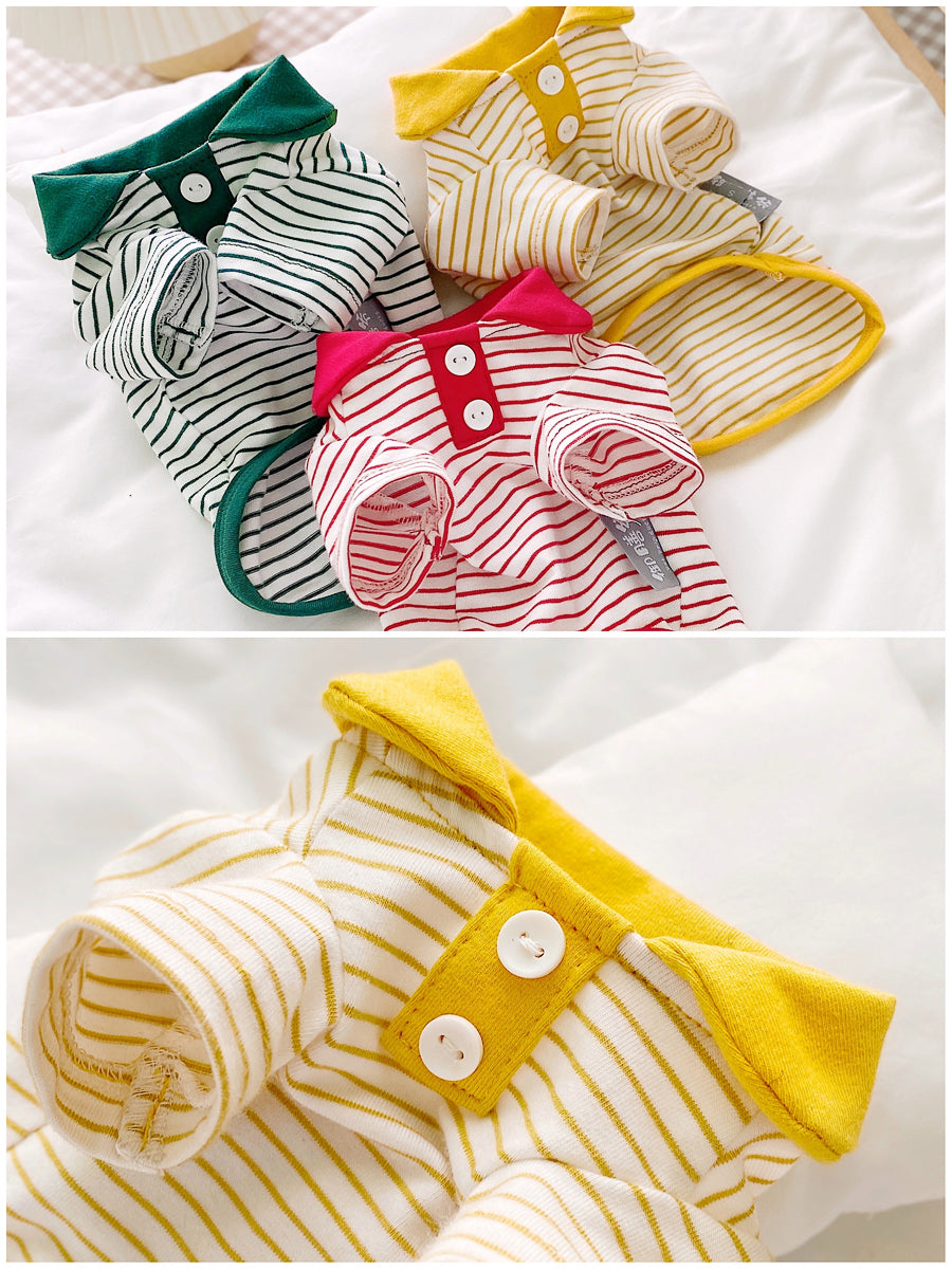HKM-1063485 Striped Polo Shirt for Cats in Army Green, Tender Yellow, and Big Red