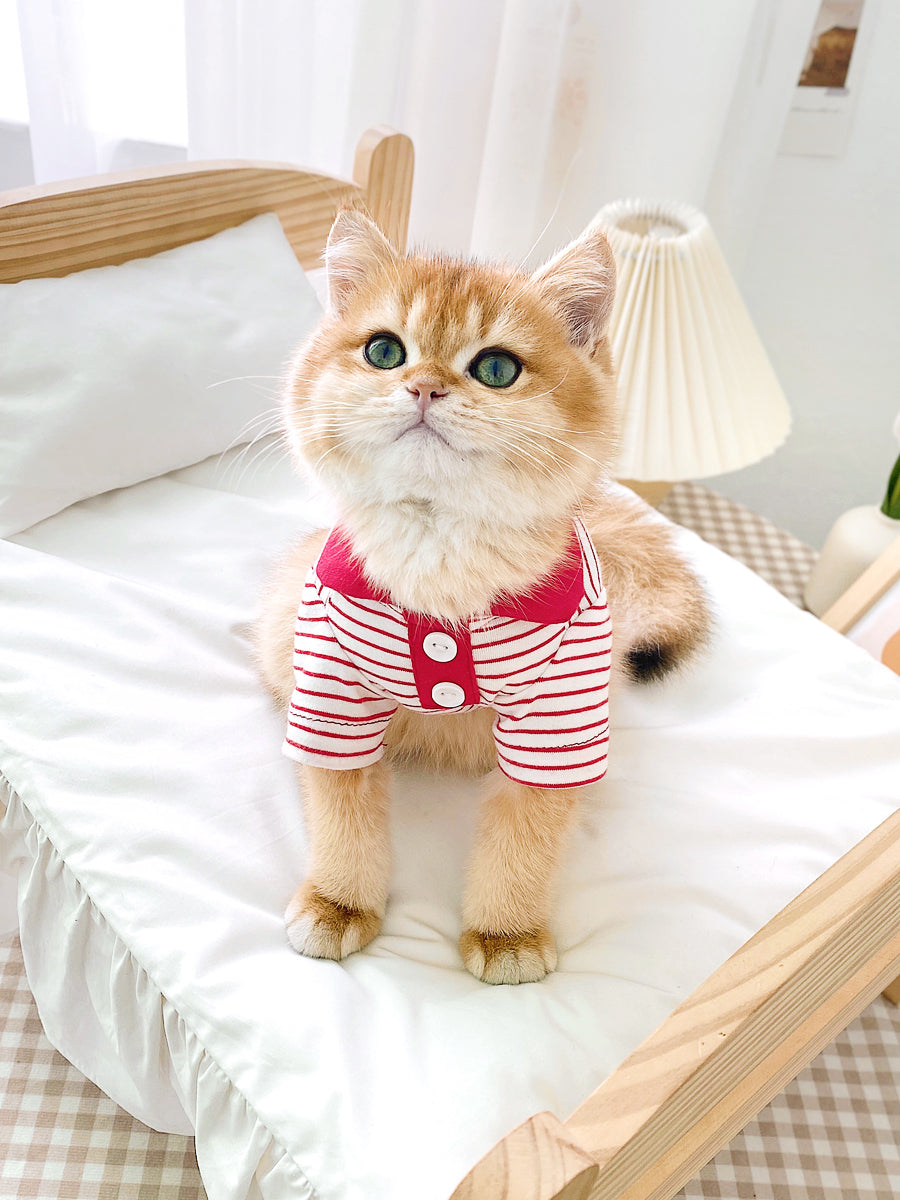 HKM-1063485 Striped Polo Shirt for Cats in Army Green, Tender Yellow, and Big Red