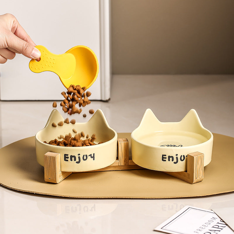 HKM-1065277 2-in-1 Cat Bowl Set with Wooden Frame ¨C Dual Feeding Design for Cats, Various Colors Available