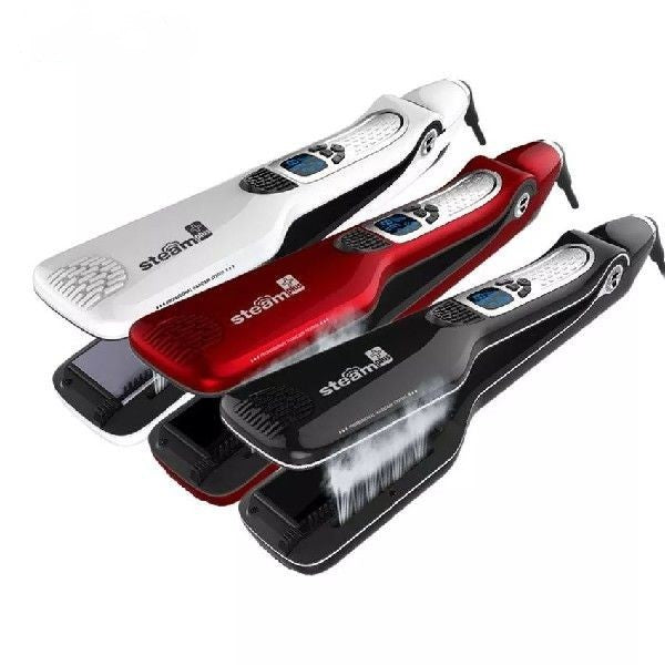 HKM-106579 Steam Hair Brush with Titanium Ceramic Flat Iron and LCD Display, Fast Straightening, 40ML Water Tank