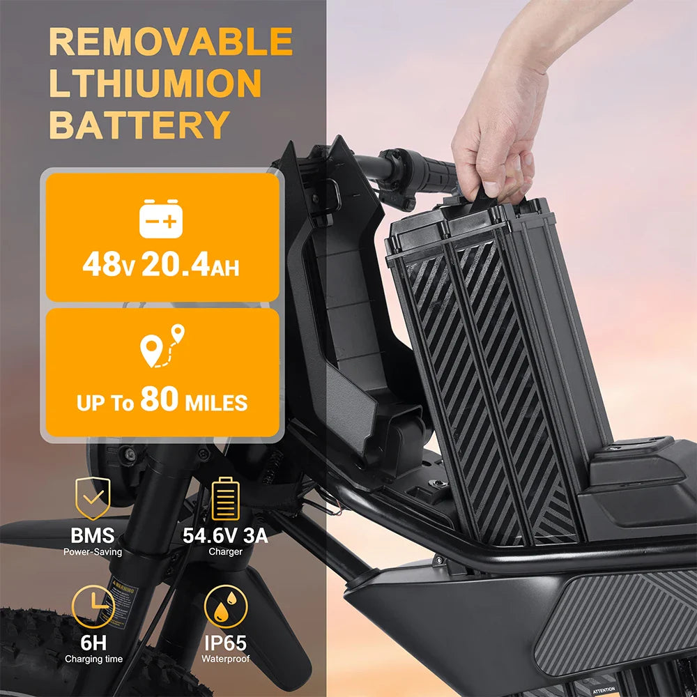 HKM-106707 750W Full Suspension Fat Tire Electric Bike 28Mph 80 Mile Range 20IN Aluminum Alloy